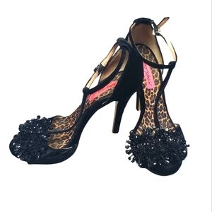 Betsey Johnson Impress Velvet T-Strap Peeptoe D'Orsay Size 7.5M Sequin H…